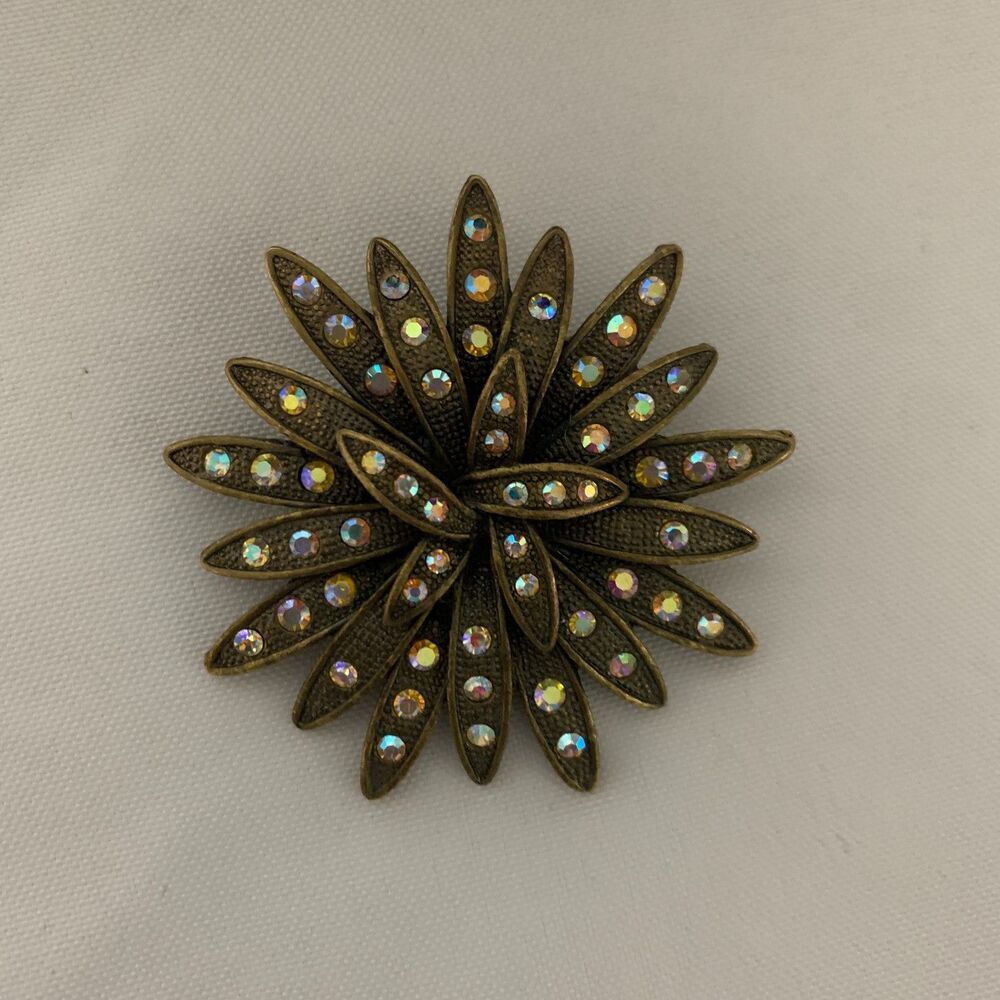 Vintage Sea Urchin Brooch N1,1980's Gold Iridescence Color Rhinestone Brooch - Picture 2 of 13